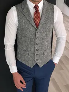 Men's Herringbone Tweed Suit Vest Casual Wool Blend Waistcoat Cowboy Menswear
