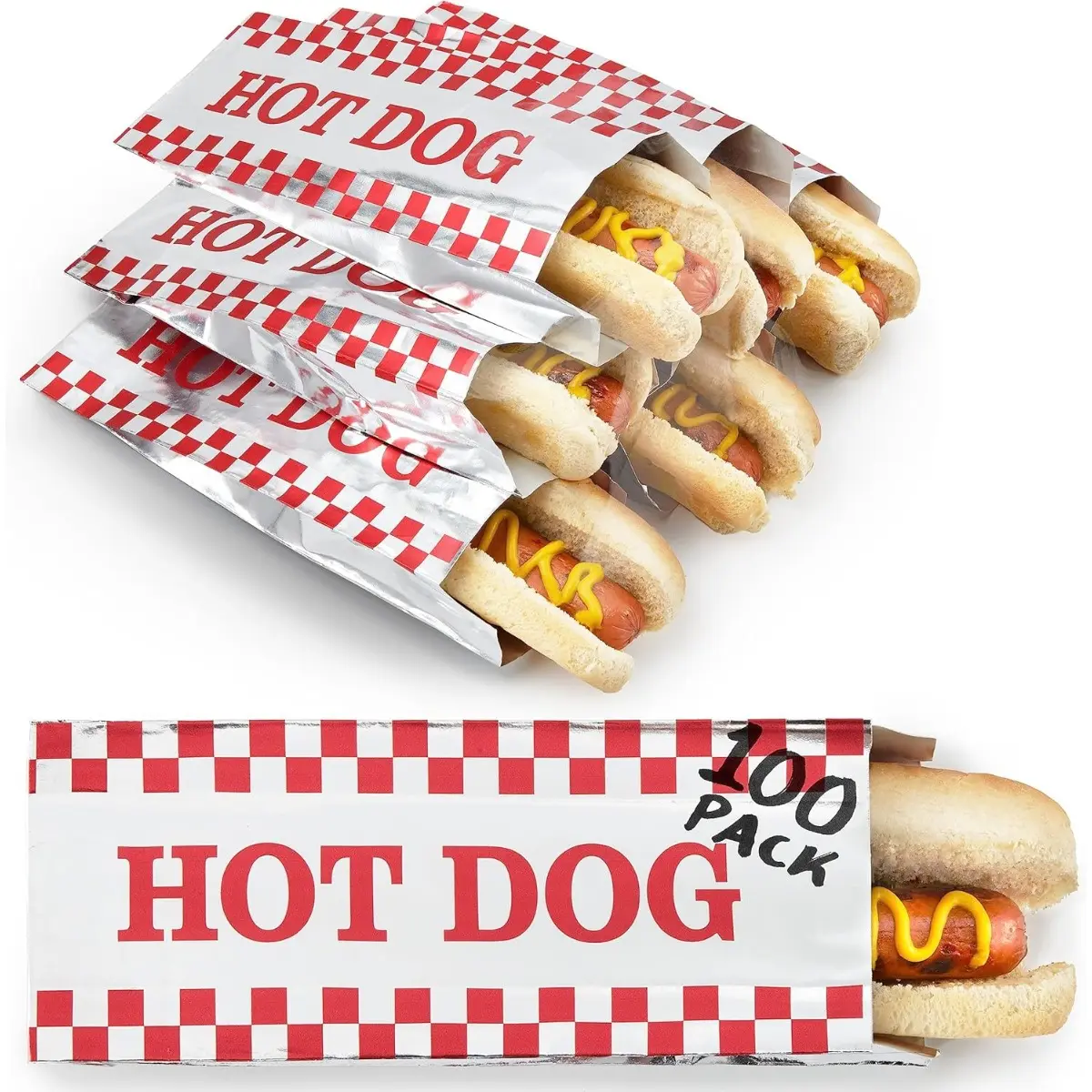 Stock Your Home Disposable Retro Red Plaid Foil-Laminated Paper Sleeves (100 Pack) - Grease-Resistant, Heat-Retention Bulk Wrappers for Food Cart, Carnival Parties, Flat Layout Setup