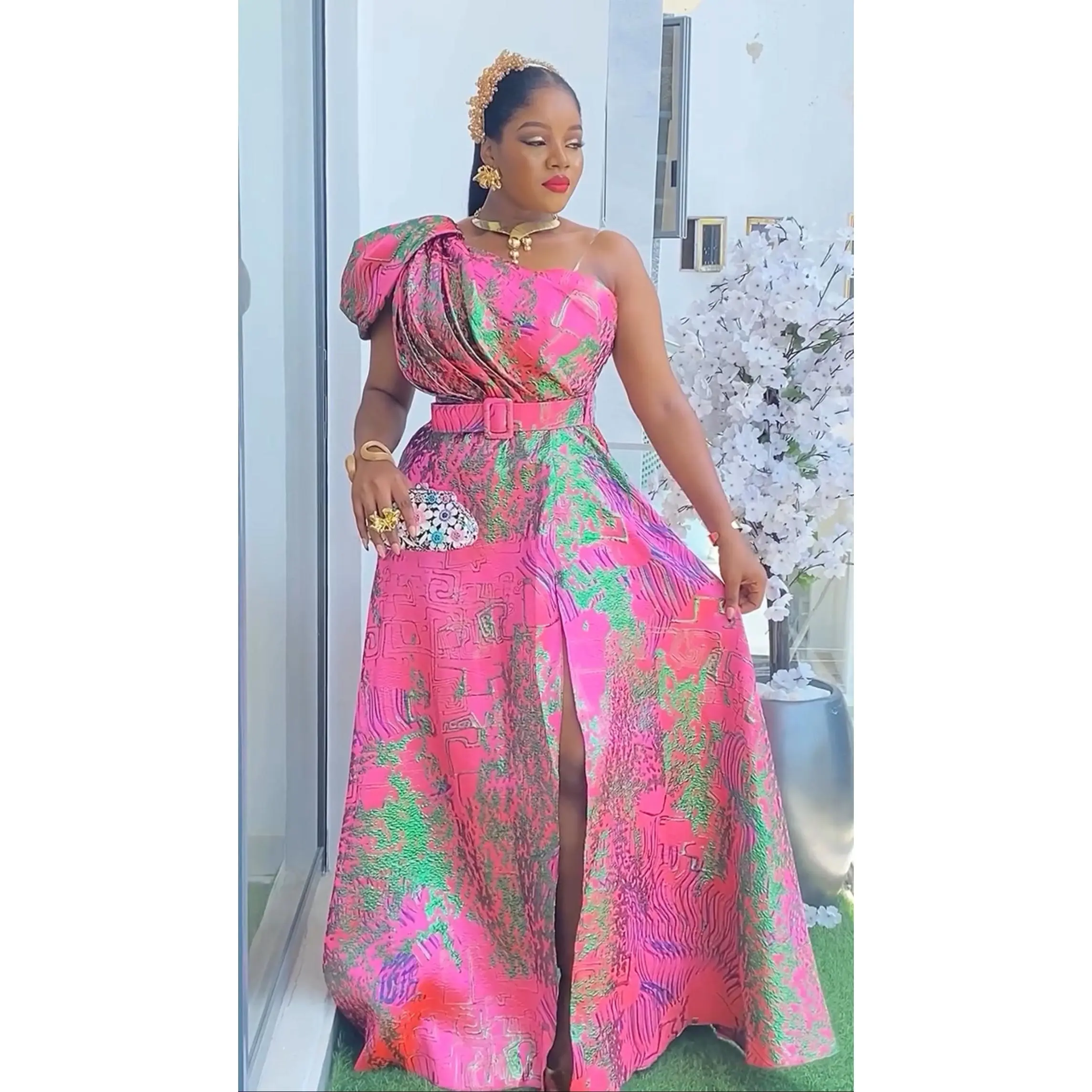 Pink Brocade One Shoulder A-Line Gown Wedding Guest Dress Cocktail Gala Party Mother of The Bride Outfit