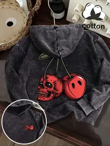 Women's Halloween Cherry Skull Graphic Print Hoodie, Fitted Casual Long Sleeve Sweatshirt, Vintage Wash Cotton, Fall & Winter Fashion