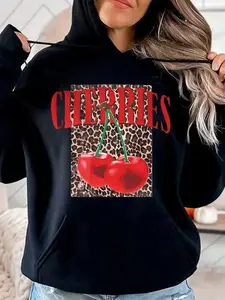 Leopard Print Cherry Letter Hoodie for Women, Casual Loose-Fitting Funny Relatable Sweatshirt for Autumn & Winter, Cozy Homewear for Daily Use