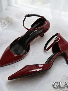 Vintage Burgundy Patent Leather Pointed Toe Ankle Strap Cutout Kitten Heel Sandals for Women Spring/Summer New Arrival Elegant Stiletto Heels Comfortable Commute Date Lady Style Premium Adjustable Strap Pumps