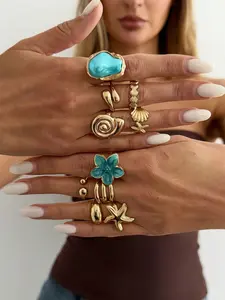 10 Pcs Boho Beach Starfish Ring Set, Alloy Flower Stackable Rings, Party Jewelry, Gift for Holidays, Birthday, Beach Vacation