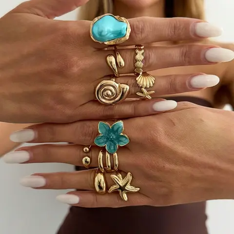 10 Pcs Boho Beach Starfish Ring Set, Alloy Flower Stackable, Daily Party Jewelry, Gift for Holidays, Birthday, Beach Vacation