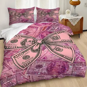 2/3Pcs Luxurious Pink and Purple 100 Dollar Bill Duvet Cover Set, Shiny Glitter Texture Bedding Set, Glamorous Bedroom Decor to Emphasize Wealth and Abundance, Chic Home Styling Includes 1 or 2 Pillowcase - No filling/Zipper Closure