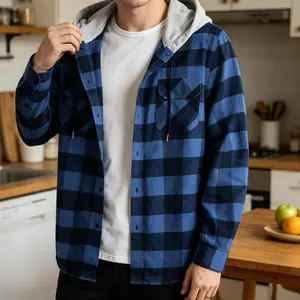Men's Plaid Hoodie Flannel Shirt Jacket Long Sleeve Casual Fashion Button Shirts