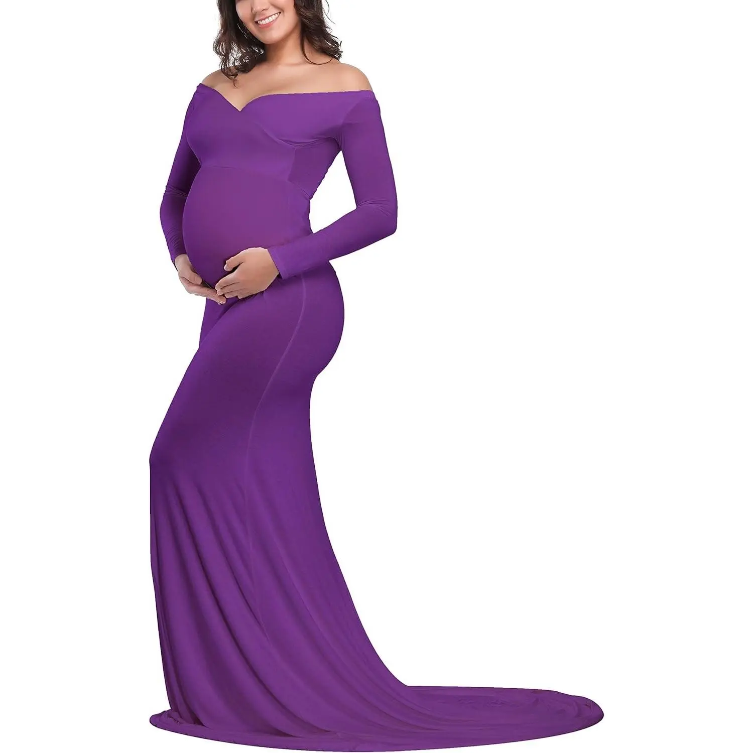 Maternity Elegant Fitted Maternity Gown Long Sleeve Cross-Front V Neck Slim Fit Maxi Photography Dress for Photoshoot