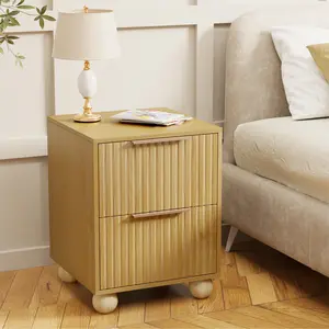 Fluted Nightstand, Natural Oak Finish Bedside Table with Spacious Storage Drawers, Night Stand with Solid Wood Round Legs , End Table, Side Table for Bedroom