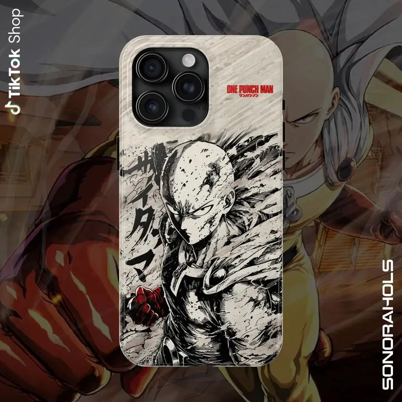 Saitama One Punch Man Anime Phone Case, Anime Manga Fans and Lovers Phone Cover, Retro Graphic Compatible with iPhone 11/12/13/14/15/16/17 (Pro Max/Plus) Suitable as a Gift for Friends and Family