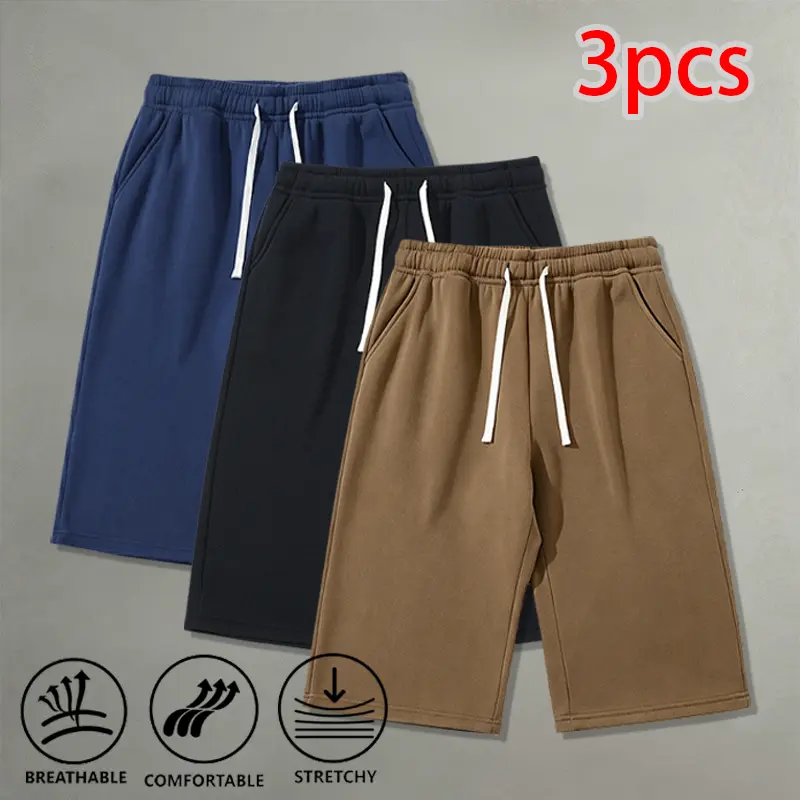 3pcs men’s jogger sweat shorts — baggy wide leg, stretchy, breathable, elastic waistband with drawstring; suitable for daily wear, street, gym, and casual training