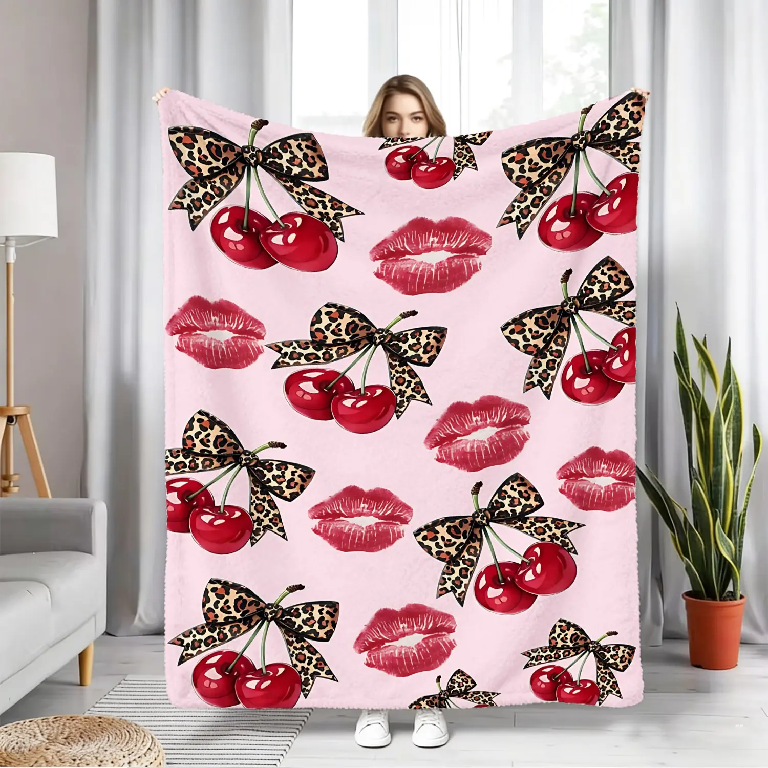 Fashionable Sweet and Cool French Fleece Blanket, Cherry Red Lip Printed Blanket, Skin Friendly Warm Small Cover Blanket, Suitable For All Seasons, Watching Dramas, Relaxing At Home, Soft and Warm Small Cover Blanket That Fits Snugly
