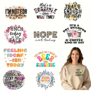 12pcs/set Multicolor Funny Phrases Heat Transfer Vinyl Decals, DIY Iron-On DTF Patches, Washable for T-Shirts, Jeans, Masks, Backpacks - Floral and Text Designs