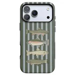 Vintage Trout Fish Striped MagSafe Smartphone Casing - Cabincore Outdoor Fly Fishing Green Striped Cellphone Case, Handheld Phone Accessories, Retro Gift for Dad (for iPhone)