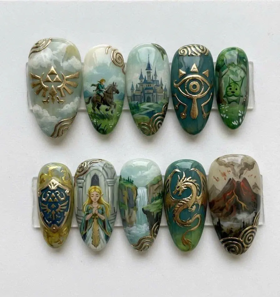 Light Green The Legend of Zelda Press-On Nails, Oval Soft Gel Reusable Handmade Nail Set