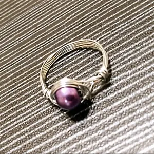 Handmade Wirewrapped Ring with Purple Bead, Size 6 - Silvertone