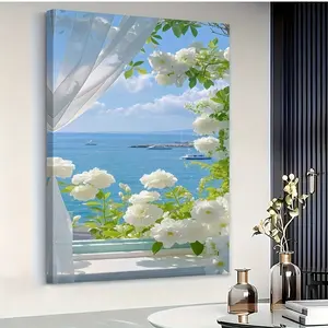 Seaside Paradise Large Wall Art - Mediterranean Coastal Oil Painting on Canvas with Solid Wood Frame (16x24 or 24x36inch ) - White and Blue Sea View, Green Window View, Suitable for Living Room and Seaside Villa Decoration - Ready-to-hang framed poster, 2