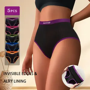 QUASTI 5 Pieces High Waist Stretch Cotton Women's Contrast with Letter Briefs Set, Comfortable Breathable Soft and Seamless Sports Underwear Suit for Daily Wear Womenswear, Elegant Anti Roll Edge Panties for Women Girls Gifts, S-XXL