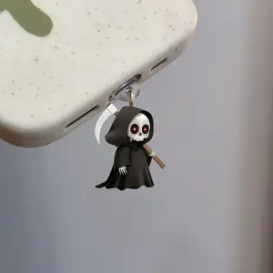 Halloween Cute Cartoon Grim Reaper Acrylic Phone Dust Plug Cover Compatible with iPhone Lightning and Type-C Charging Port Protective Cap Accessory