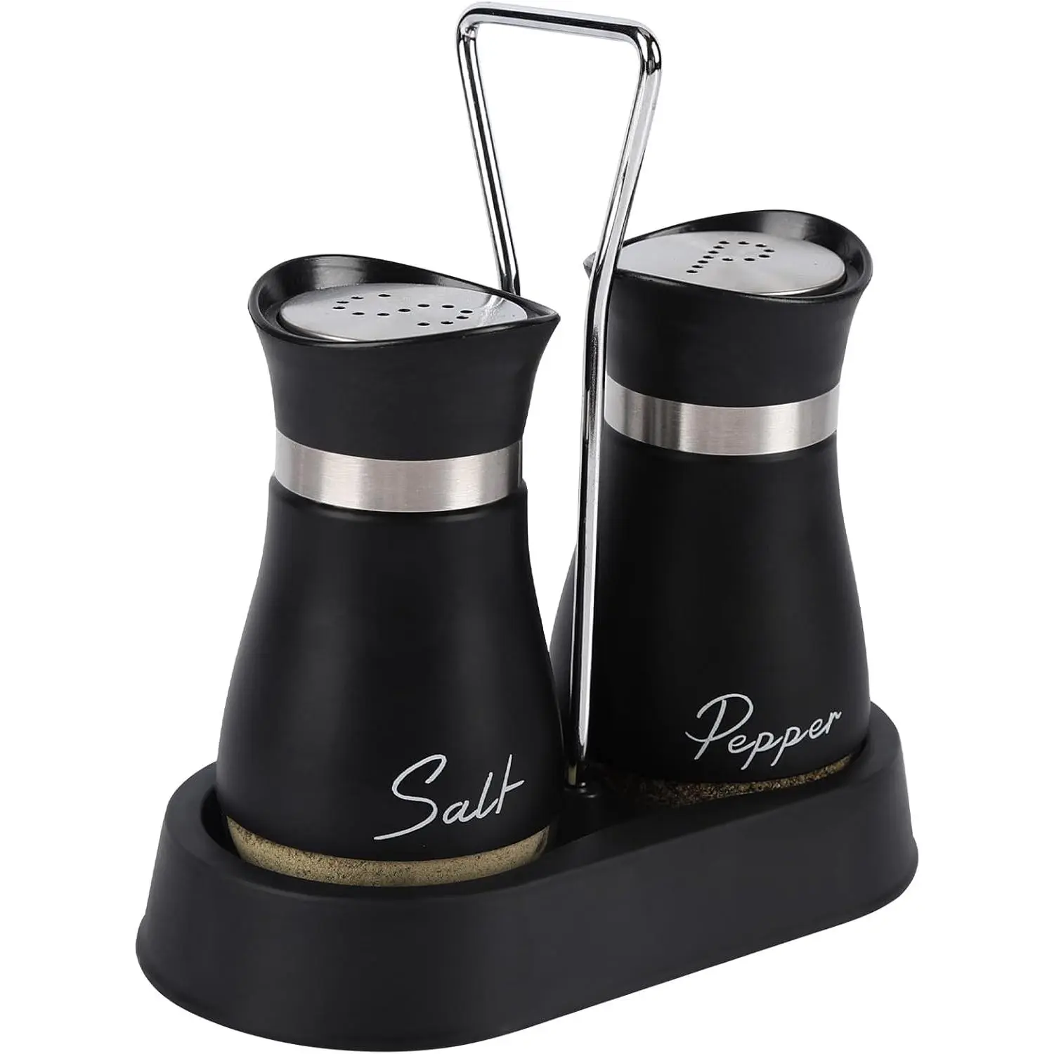 Salt and Pepper Sets, Salt and Pepper Shakers with Holder, Set of 2 Stainless Steel and Glass Bottle Salt Shaker Cellar Dispenser for Kitchen, Cooking (Black)