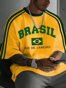 Plus Size Men's Football Sports Shirt, Brazil Soccer T-Shirt, Sportswear Top, Sporty Style, Long Loose-Fitting, H-Type Silhouette, Casual Wear, Stylish Jersey, Jersey Shirts