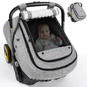 Waterproof 1 Baby Car Seat Cover, Infant Car Seat Cover for Boy Girl, Roomy Cozy Windproof Sun Protection Baby Carseat Covers Canopy with Breathable Net and Holes, Universal Fitted Gray