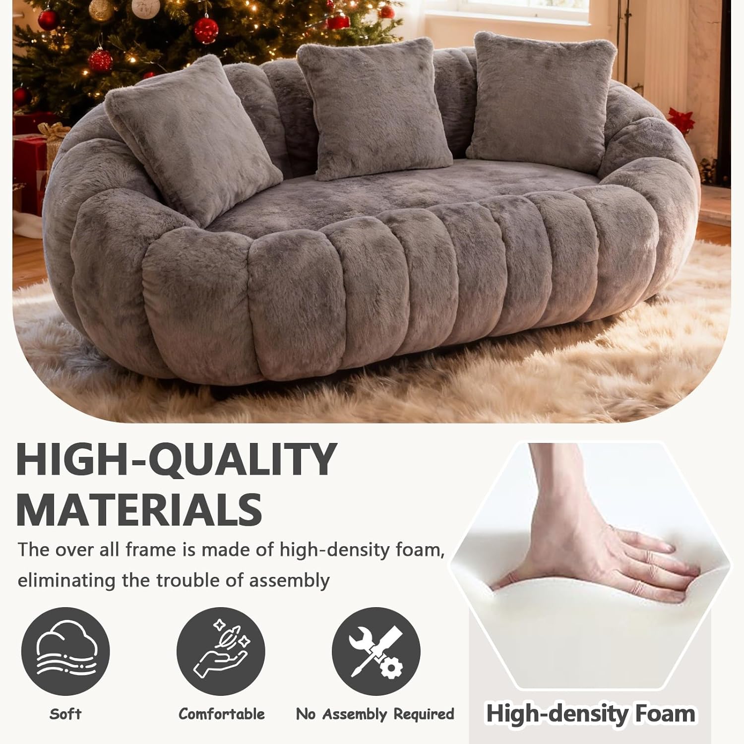Fluffy Bean Bag Loveseat, Cloud Giant Bean Bag Couch for Adults with Filling and 3 Pillow, Soft Faux Fur Floor Sofa & Cozy Reading Chair for Bedroom, Living Room, Apartment (Grey, Lovesear)