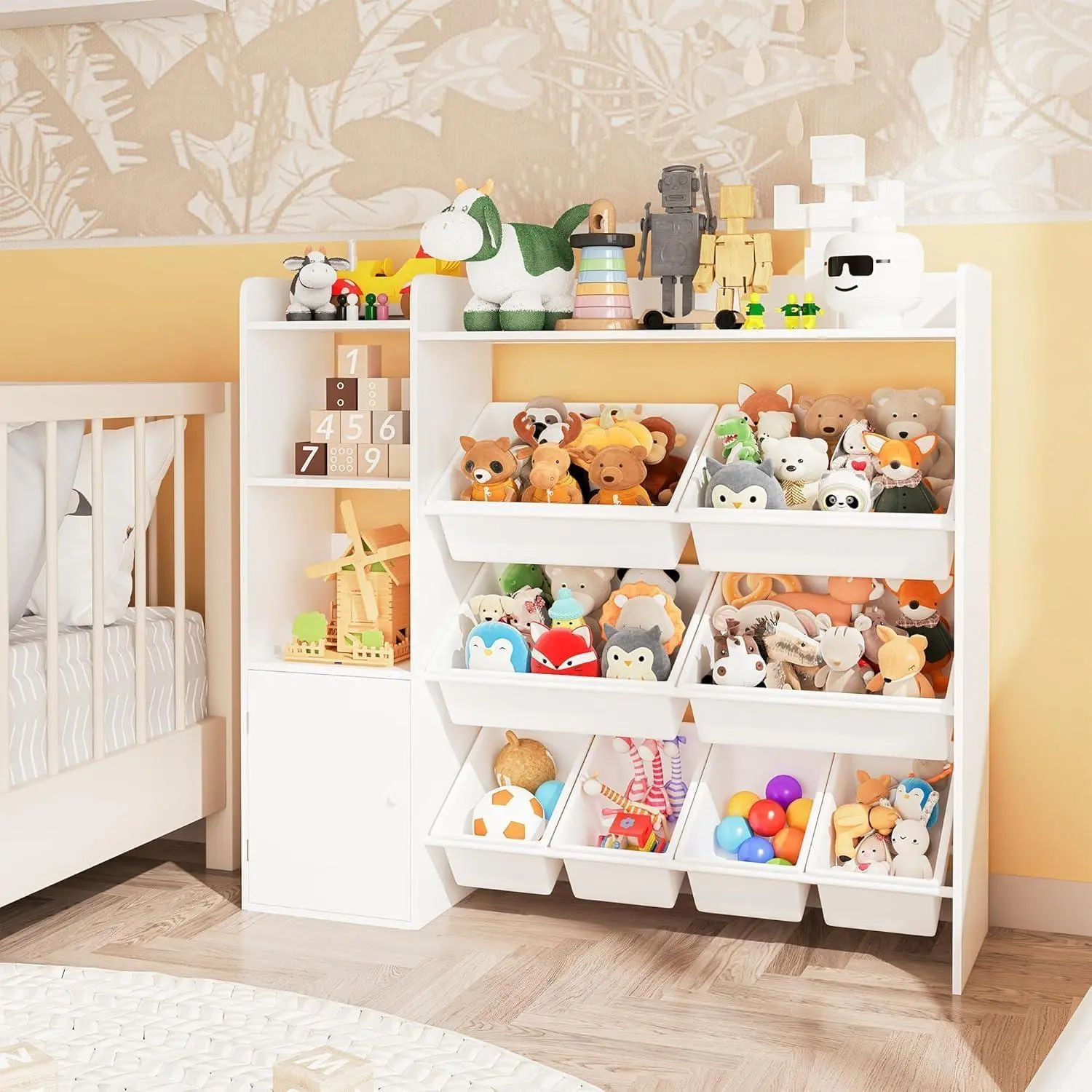 Toy Storage & Toy Organizer & Kids Bookshelf with 8 Removable Bins | Large Toy Box and Book Shelf for Nursery, Bedroom, Classroom