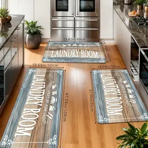 Farmhouse Laundry Room Rugs Set, Non-Slip Washable Runner Mats, Blue & Brown Wood Grain Floor Carpets with "Laundry Room" Print for Laundry Room, Kitchen & Entryway