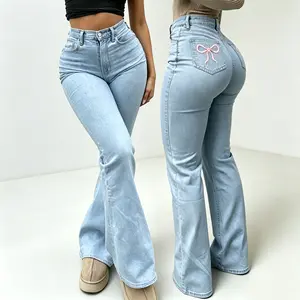 Women's Plus Size High-Elastic Tummy Tuck Slim-Fit Bell Bottom Jeans, Womenswear Style Bootcut Jeans