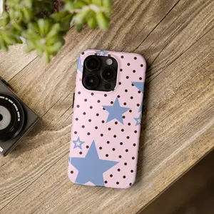 Pink Blue Stars Polka Dot Tough Phone Case , Retro Whimsical Aesthetic Protective Cover, Shockproof Slim Fit, Cute Gift for Women Girls