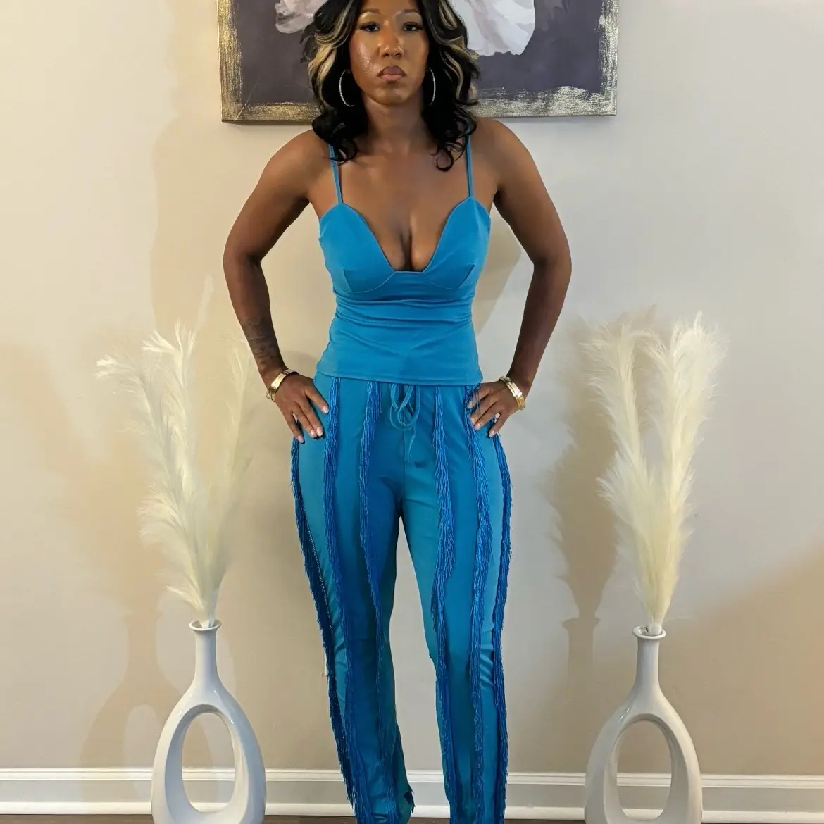 Naomi Striped Fringe Pants Set Outfit Top