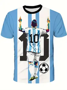 Cool Boys' Number 10 Football Jersey, Printed Short Sleeve, Spring Fall Casual Pullover, Elastic Fabric, Argentinian Style