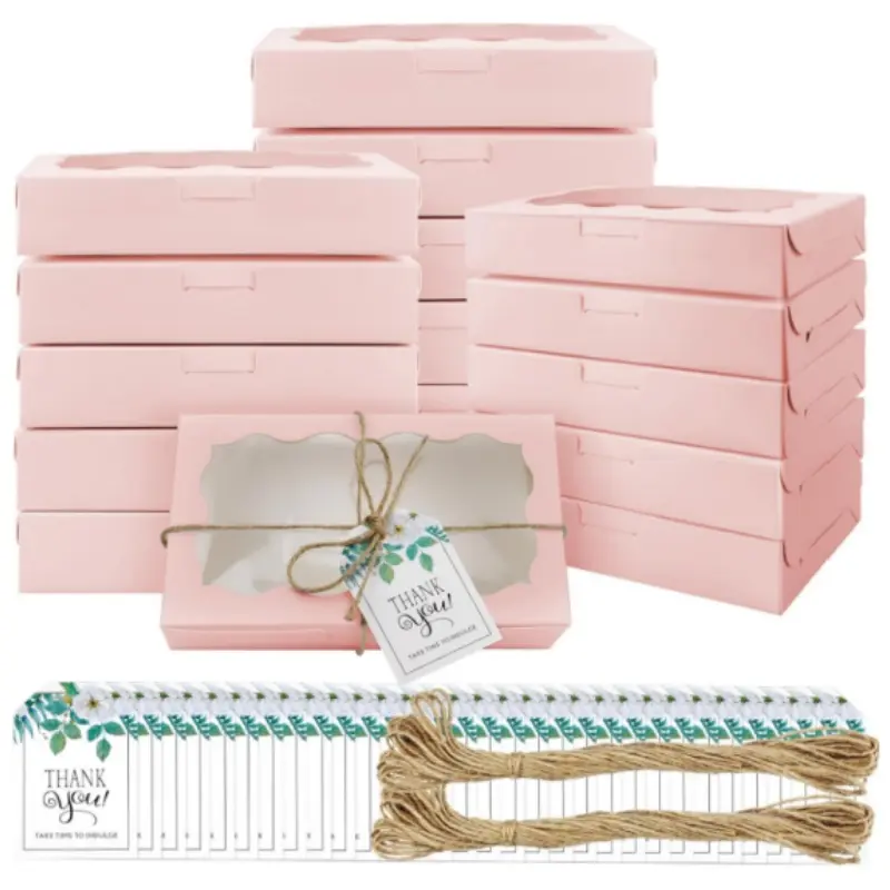 50pcs Cookie Boxes with Window Pink Bakery Boxes 7 x 4.3 x 1.5 Inch, with 50 Thank You Tags and 2 Rolls of 10m Jute Twine, Takeout Treat Boxes for Cookies, Donuts, Pastry, Strawberries, Macarons