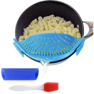 Clip  Kitchen  Strainer for Spaghetti, Meat, Pasta, & Ground Beef , Colander & Sieve Snaps or Clips Onto Bowls, Pots & Pans Includes  Drainer, Brush & Garlic Peeler (LtBlue)