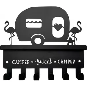 Camper Key Holder for Wall Decorative, Camping Decor, Travel Trailer Accessories, Metal Key Rack Hanger With Shelf and 6 Hooks, Wall Mounted Hook, Rustic RV Storage and Organization, Gifts