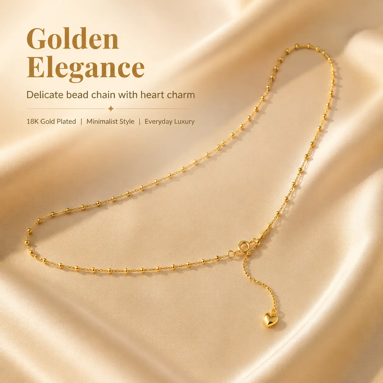 Gold-plated delicate beaded chain necklace, Dainty Thin Chain Necklace With Mini Heart Charm Extender For Women Daily Jewelry
