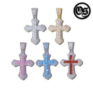 Iced Out Cross Pendant, Gold or Silver Plated with Colored Center Stone and Hand-Set 5A CZ, Includes 20-Inch Rope Chain, Gothic Cross Charms & Pendants, Iced Out Style
