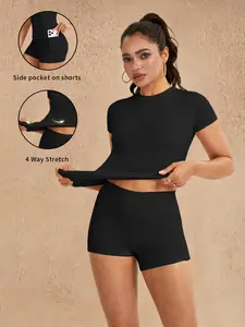 Women's Two-Piece Slim Fit Sports T-Shirt, High Elasticity Round Neck Workout Top, Ideal for Running, Yoga, Fitness, Activewear, Fitness Running Tops