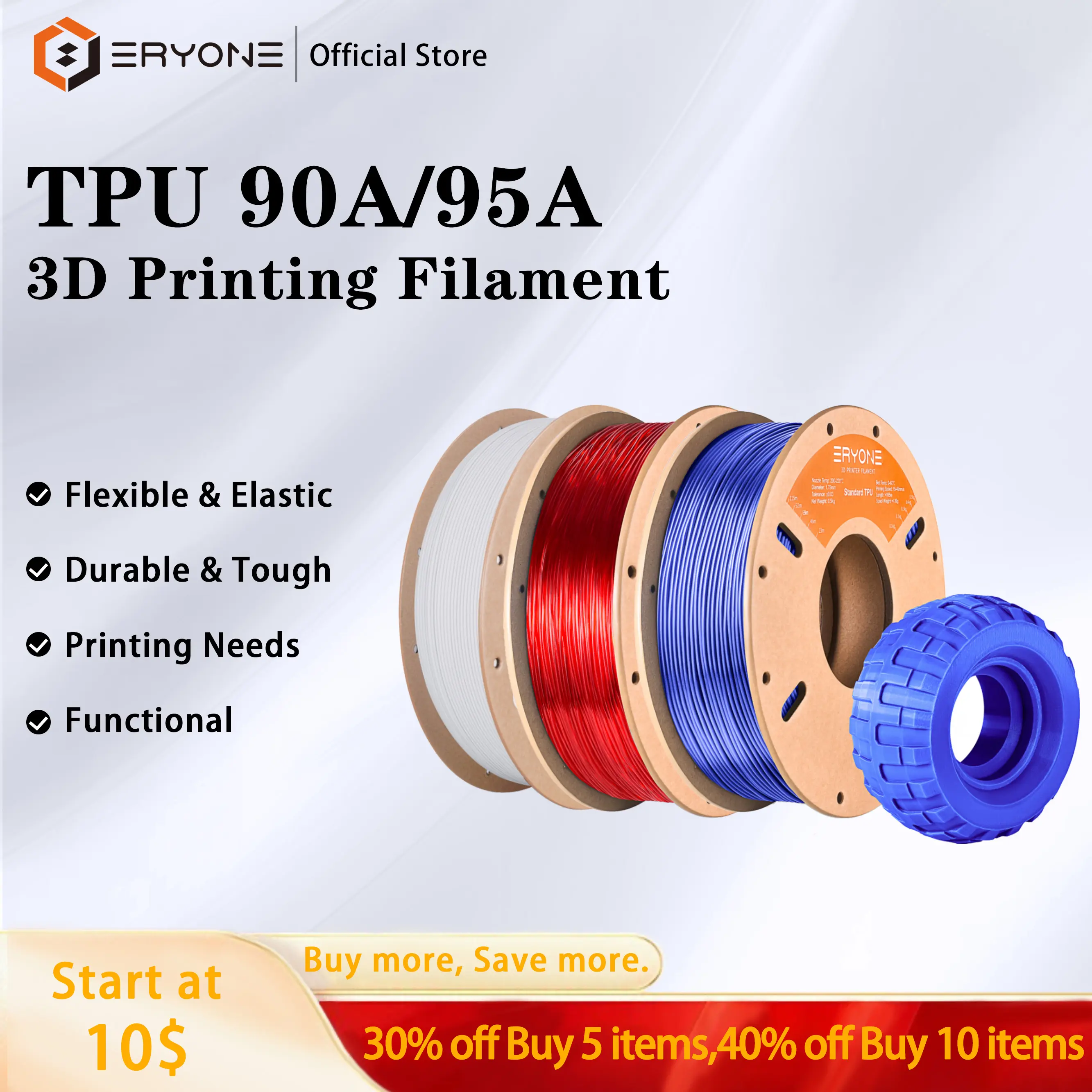 ERYONE TPU Filament TPU 85A|90A| TPU95A Flexible 3D Printer Filament 1kg Spool 1 .75mm Diameter for Most FDM Printers Eco-Friendly & Durable  Easy Print Adhesive Tough Elastic Tensile Strength Tensile Strength