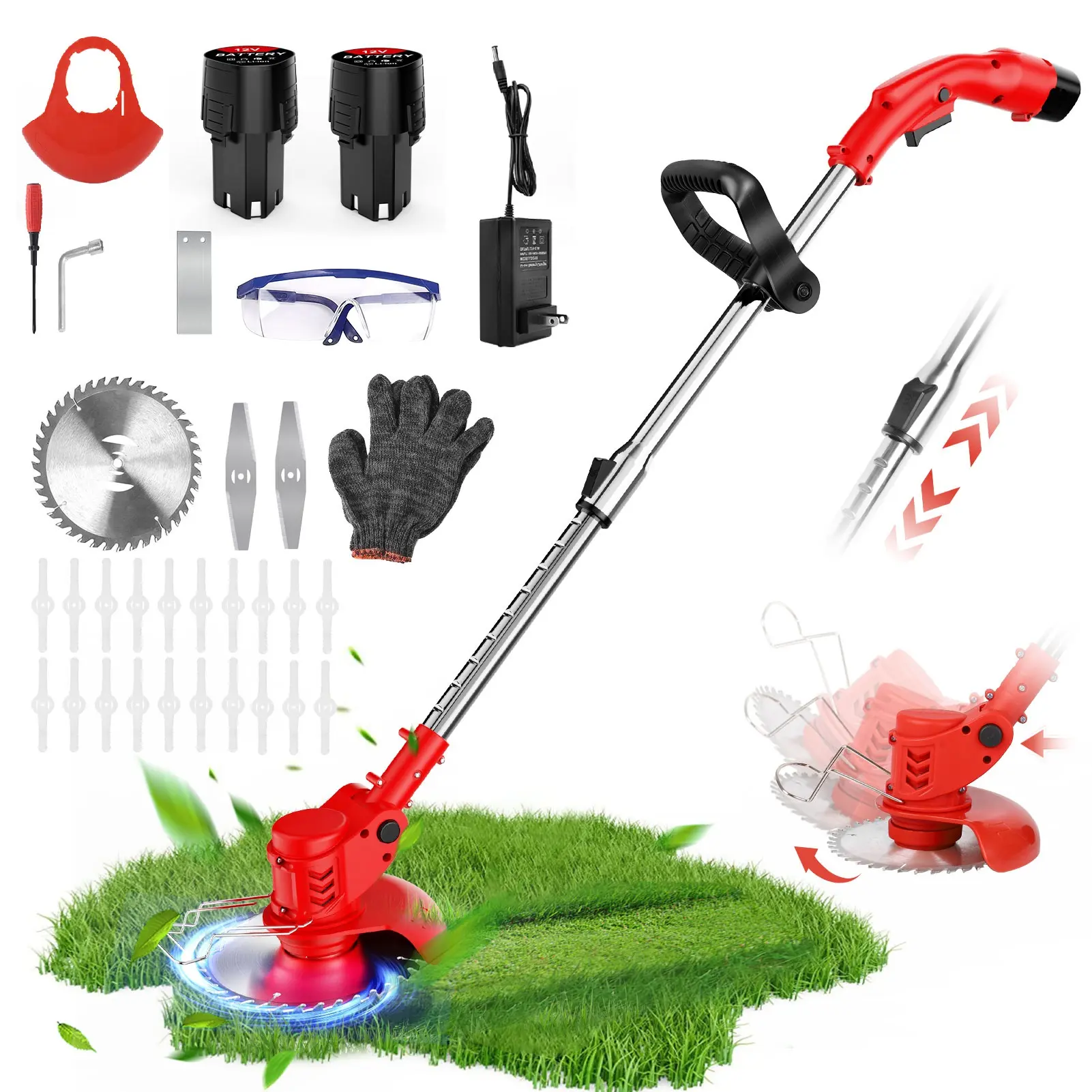 Weed Wacker Cordless, 3 in 1 String Trimmer with 23 Blades, 125cm Adjustable Lightweight Brushless Electric Garden Strimmer with 2 Battery, Metal Blade Strimmer for Lawn Care Shrub Trimming