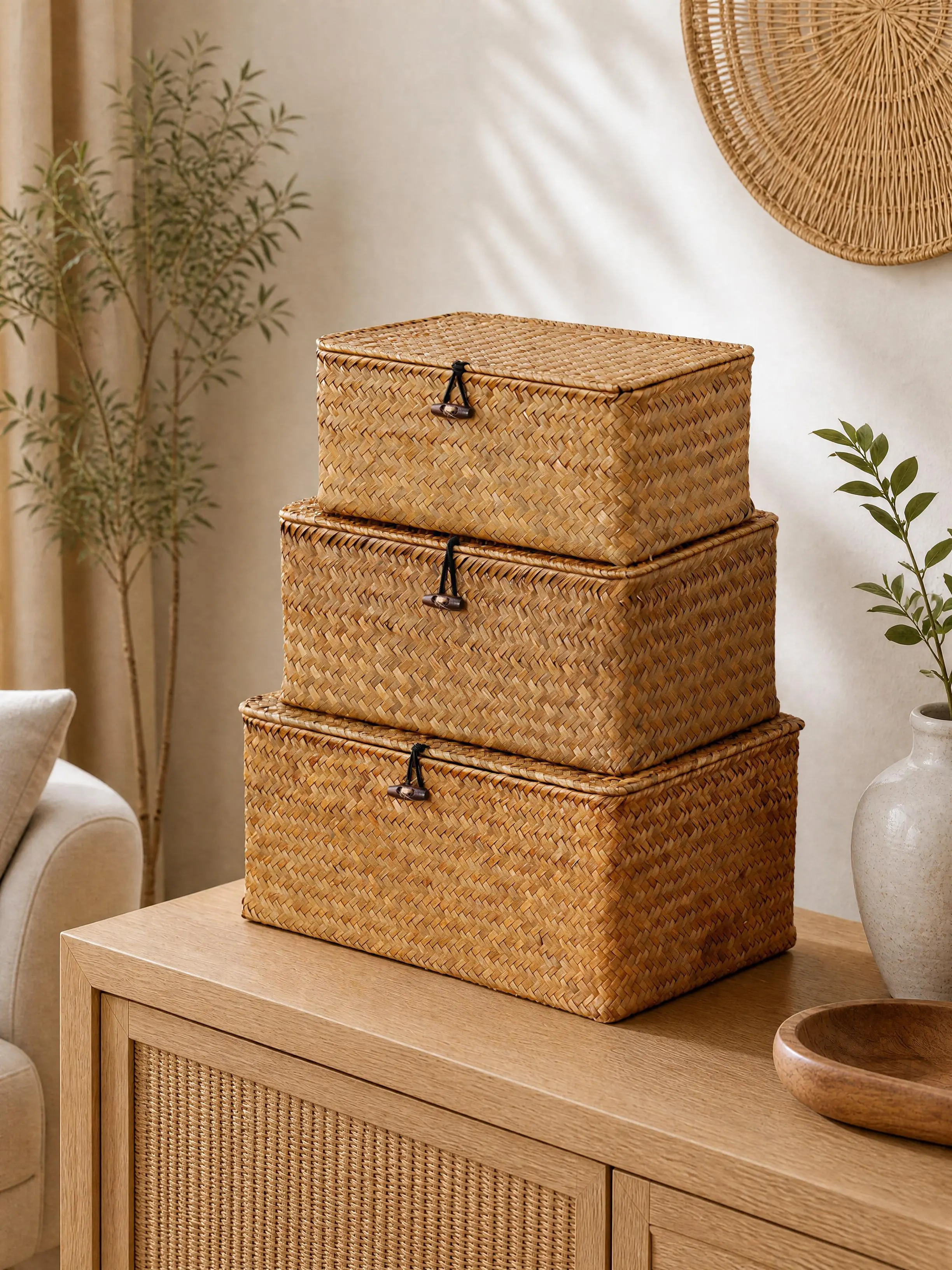 Nonam Eco-Friendly Handwoven Natural Seagrass Straw Rattan 3-Pack Rectangular Lidded Bins, Household Organiser Storage Baskets for Toddlers Holiday Boho Home Decor Multipurpose Containers, Home Supplies