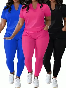 Plus Size - New Spring And Autumn Large Size Women'S Suit|Solid Color Round Neck Long Sleeve Top With Pants|For All Seasons, Indoor And Outdoor