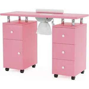 OmySalon Manicure Table Nail Desk for Nail Tech, Nail Table Station w/Electric Dust Collector, Nail Makeup Beauty Salon Storage Acetone Resistant w/Lockable Wheels,Wrist Cushion,4 Drawers&Cabinet