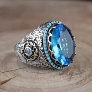 Men's Big Irregular Blue Oval Rhinestone Retro Silver Ring