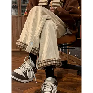 Fashion men's wear: Men's Casual Corduroy-Textured Wide-Leg Pants with Plaid Contrast Cuffs - Beige & Brown All-Season Straight-Leg Trousers, Machine Washable for Casual Attire