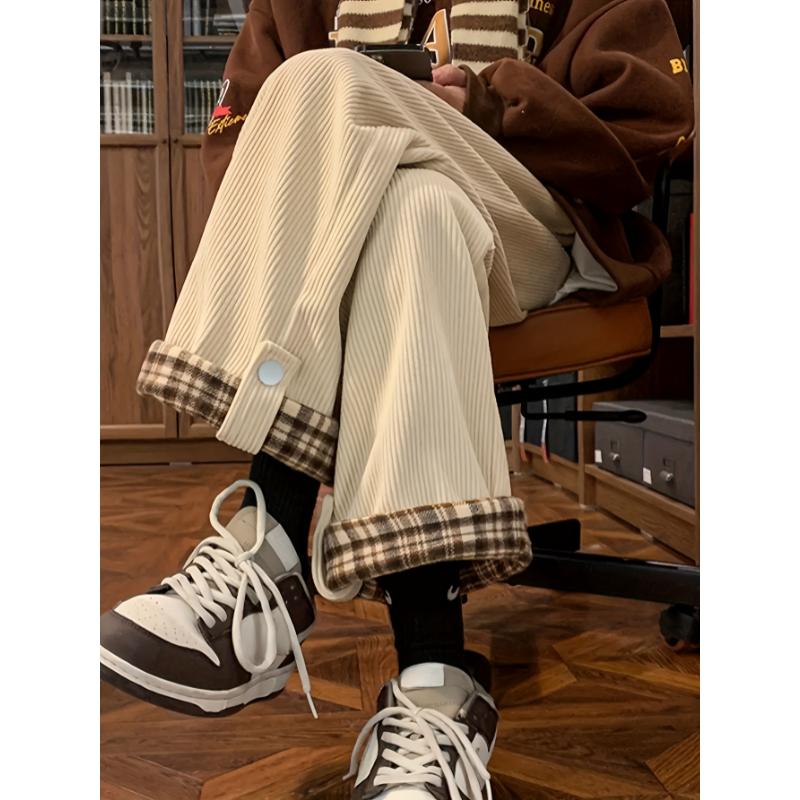 Fashion men's wear: Men's Casual Corduroy-Textured Wide-Leg Pants with Plaid Contrast Cuffs - Beige & Brown All-Season Straight-Leg Trousers, Machine Washable for Casual Attire