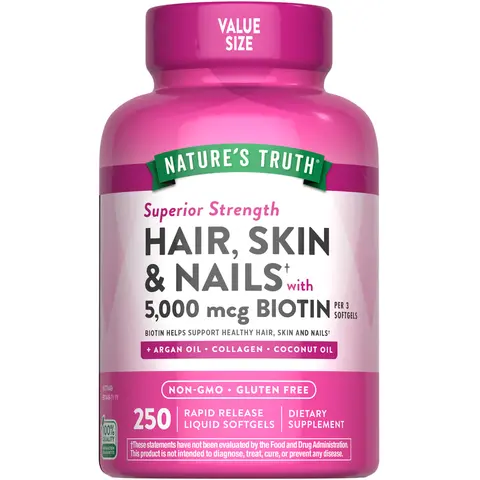 Nature's Truth Hair, Skin & Nails Vitamins 5000mcg - 250 Softgels - With Collagen, Biotin and Coconut Oil - Non-GMO and Gluten Free