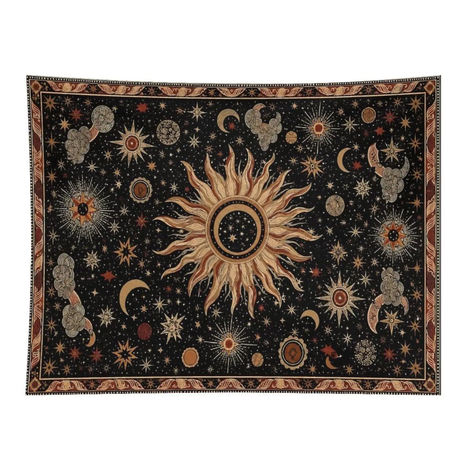 Black Vintage Celestial Sun Moon Star Constellation Wall Tapestry Wall Hanging, Dark Academia Witchy Astrology Boho Decor for Meditation Altar Bedroom Dorm Ornament, Wall Decor, One-Piece