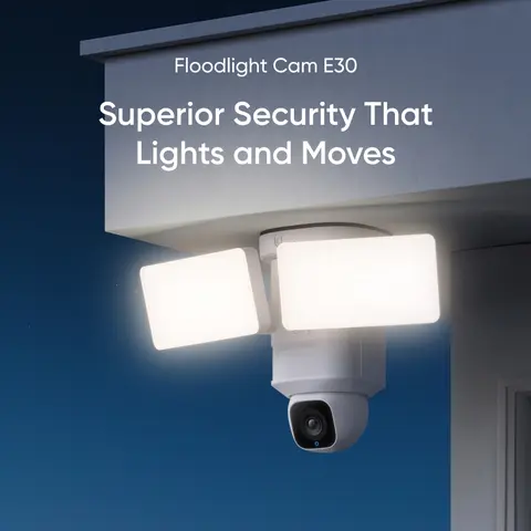 eufy Floodlight Camera E30, Security Camera Outdoor, CCTV-Style 360° Pan and Tilt, AI Detection and Tracking, 2K Video, 2.4GHz Wi-Fi, 2,000 Lumens, Custom Voice and Light Alerts, 24/7 Recording, No Monthly Fee｜Spingtok, Automatic, Integrated Security Came
