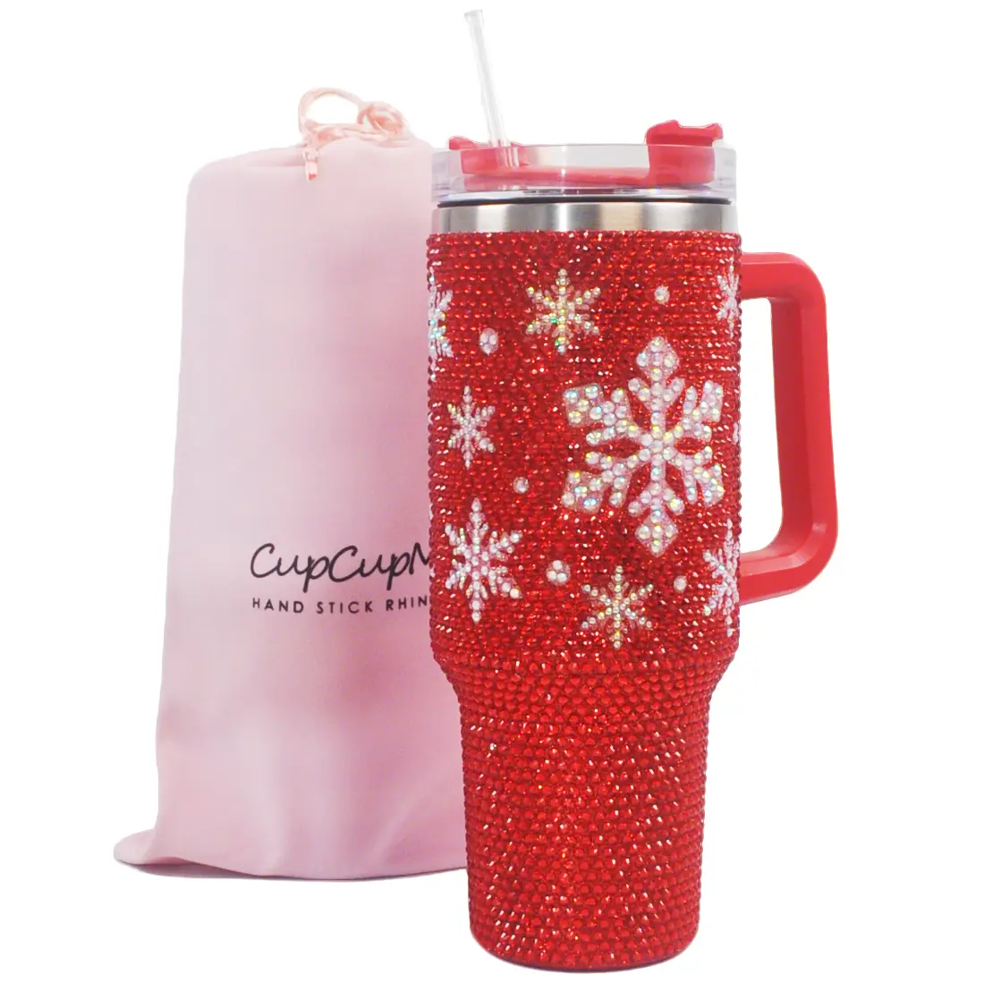 Cupcupmore 40oz Large Portable Stainless Steel Sippy Tumbler - Christmas Snowflake Red Bling Rhinestones Glitter Vacuum Insulated Water Bottle, Heat-Resistant, 7-12 Hours Cold Keep, Includes Straw, Lid & Handle, Car Cup Holder Compatible, Novelty Flask, W